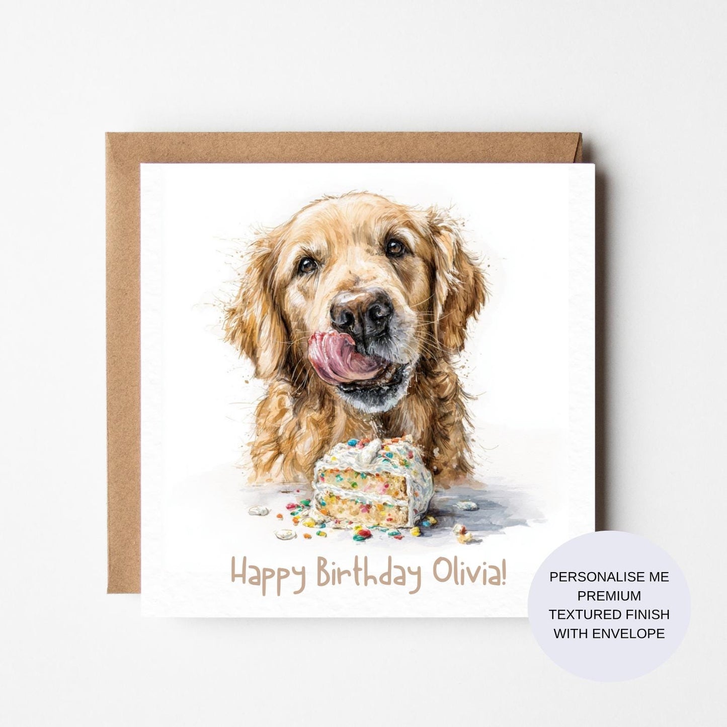 Personalized Golden Retriever Birthday Card: Watercolor Dog with Cake