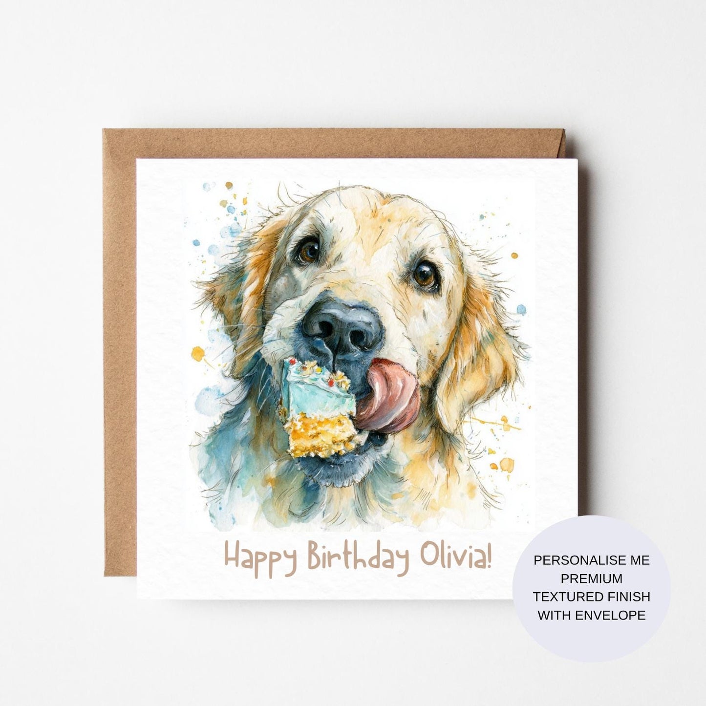 Personalized Golden Retriever Birthday Card: Watercolor Dog with Cake