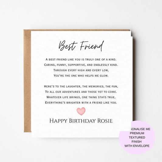 Best Friend Birthday Card, For Bestie, Personalised Best Friend Birthday Card, Bestie Birthday Card, Birthday Gift To Best Friend Poem Card