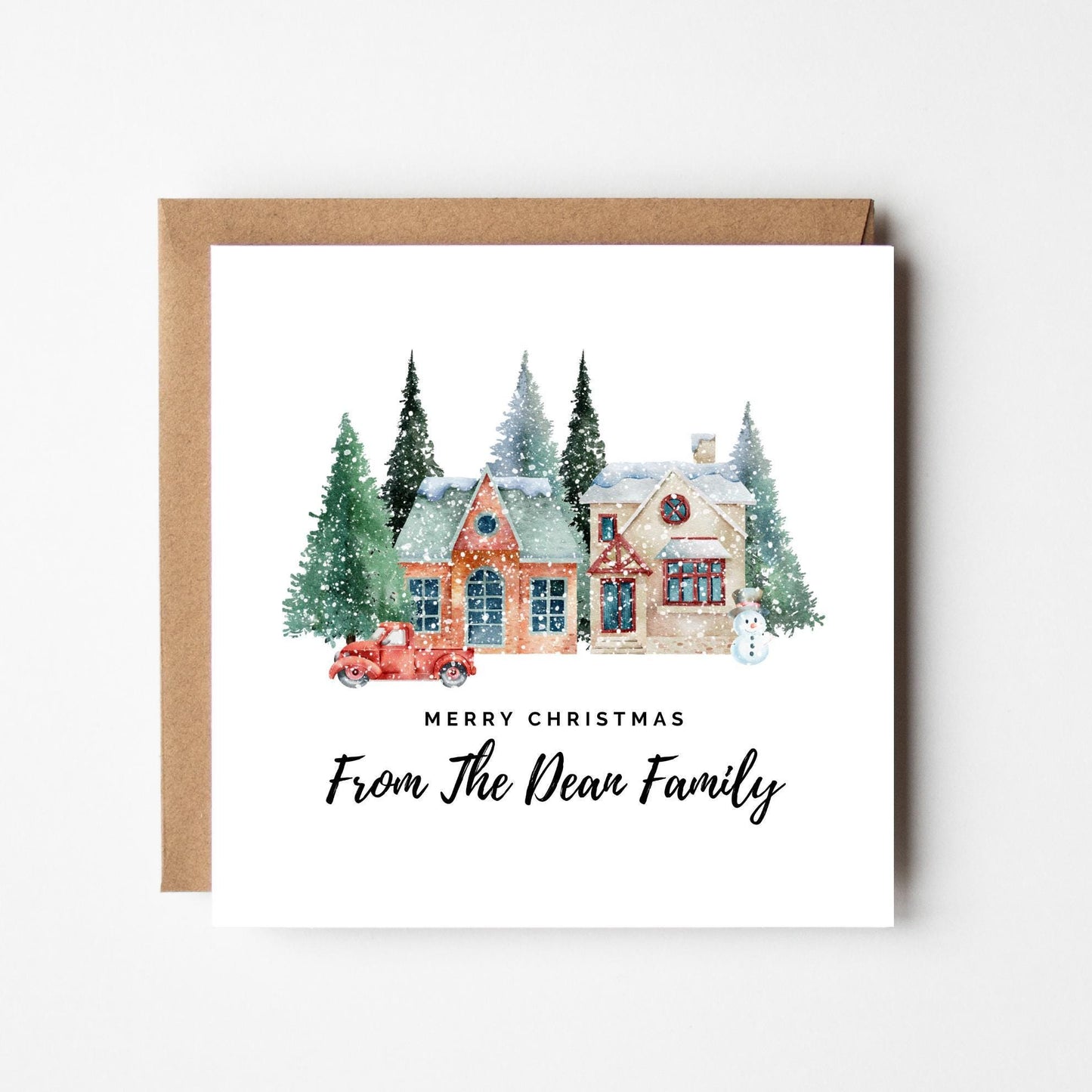 Personalised Family Christmas Card: Rustic Winter House Scene