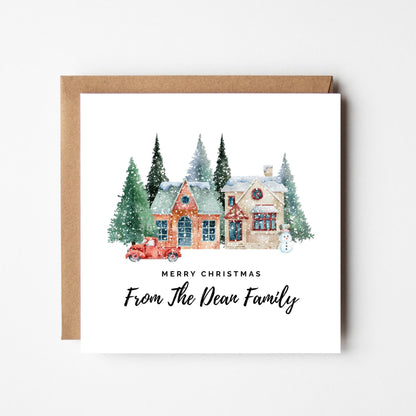 Personalised Family Christmas Card: Rustic Winter House Scene