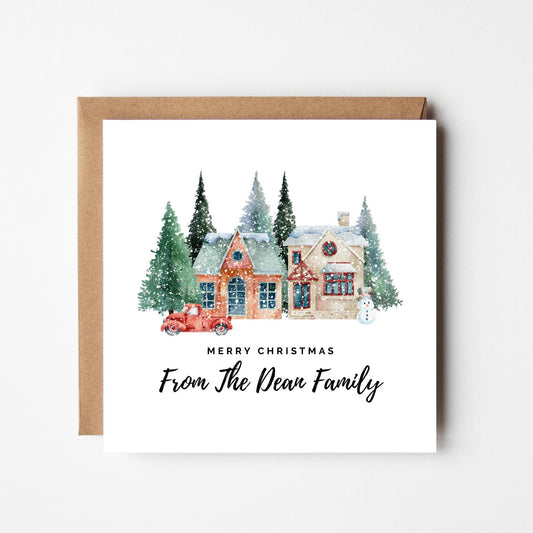 Personalised Family Christmas Card: Rustic Winter House Scene