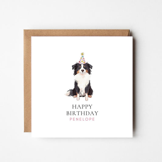 Personalised Border Collie Birthday Card: Custom Name & Party Hat