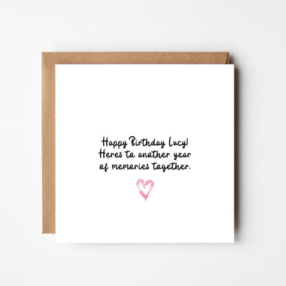 Personalised Birthday Card: Handwritten Style, Pink Heart, Custom Message