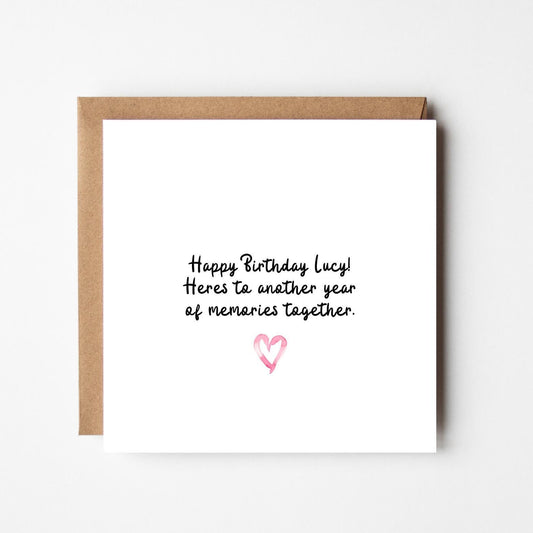 Personalised Birthday Card: Handwritten Style, Pink Heart, Custom Message