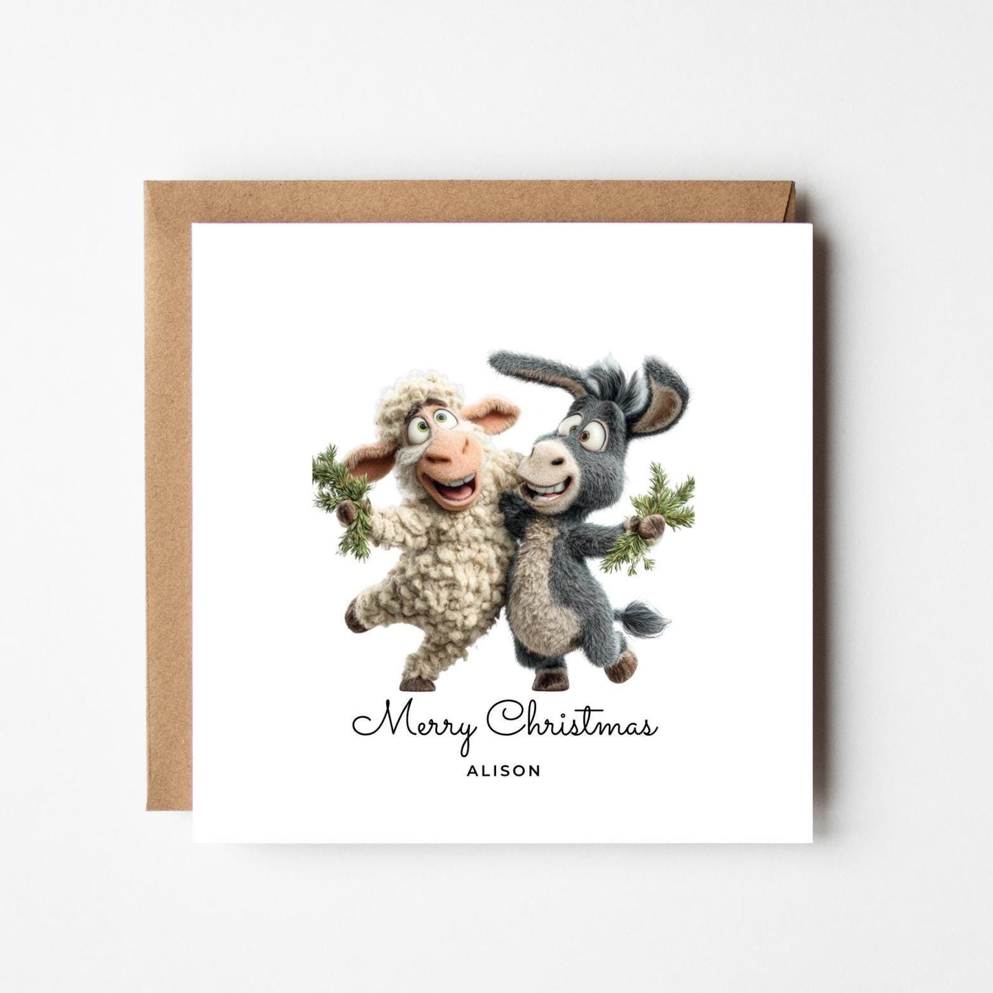 Funny Donkey & Sheep Christmas Card: Personalised Handmade Holiday Greeting