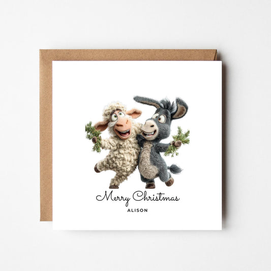 Funny Donkey & Sheep Christmas Card: Personalised Handmade Holiday Greeting