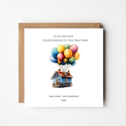 Personalised New Home Card – Colourful Balloon House Card – Custom Names – Housewarming Gift – Moving Home Congratulations – 2025 Keepsake