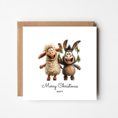 Personalised Funny Sheep and Donkey Christmas Card – Custom Name Xmas Card, Cute Animal Holiday Greeting, Humorous Festive Card