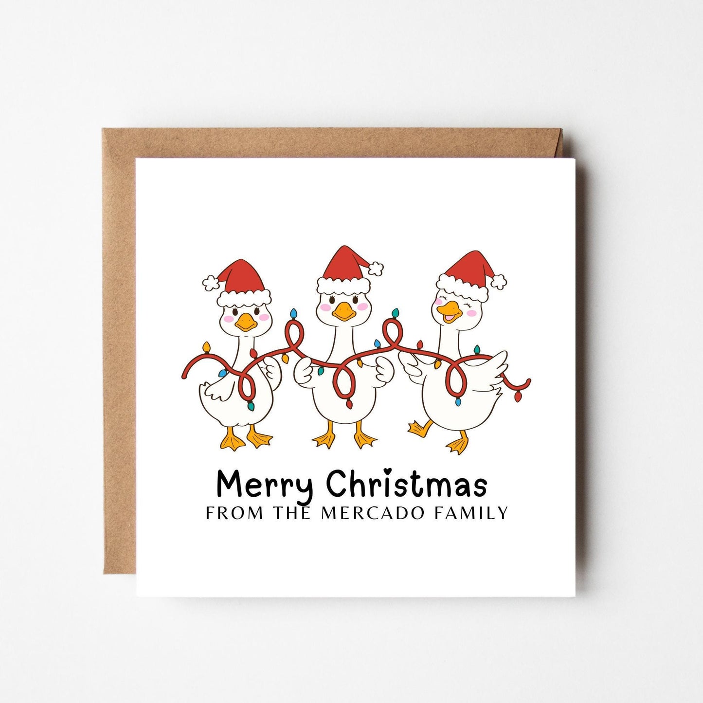 Personalised Funny Goose Christmas Card: Santa Hats, Lights, Custom Family Name