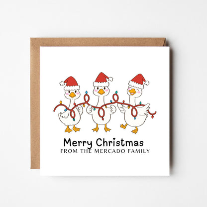 Personalised Funny Goose Christmas Card: Santa Hats, Lights, Custom Family Name