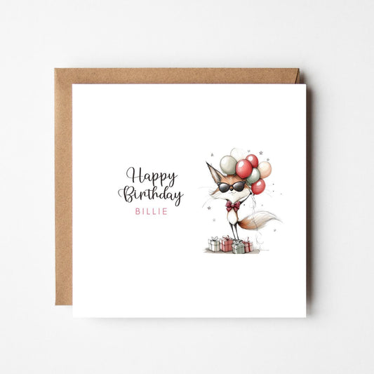 Personalised Fox Birthday Card: Funny Animal Balloons, Handmade