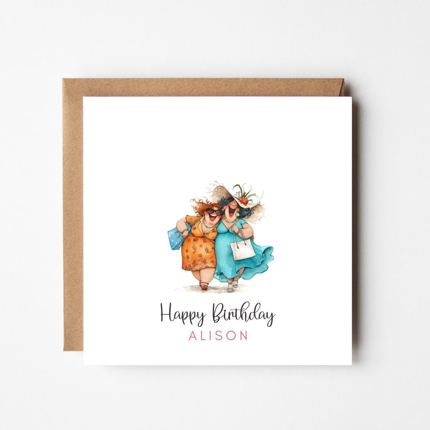 Personalised Shopping Friends Birthday Card: Funny Ladies Illustration