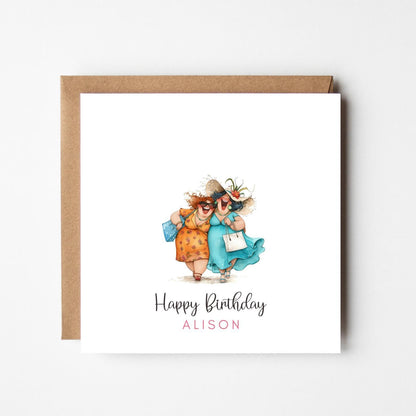 Personalised Shopping Friends Birthday Card: Funny Ladies Illustration