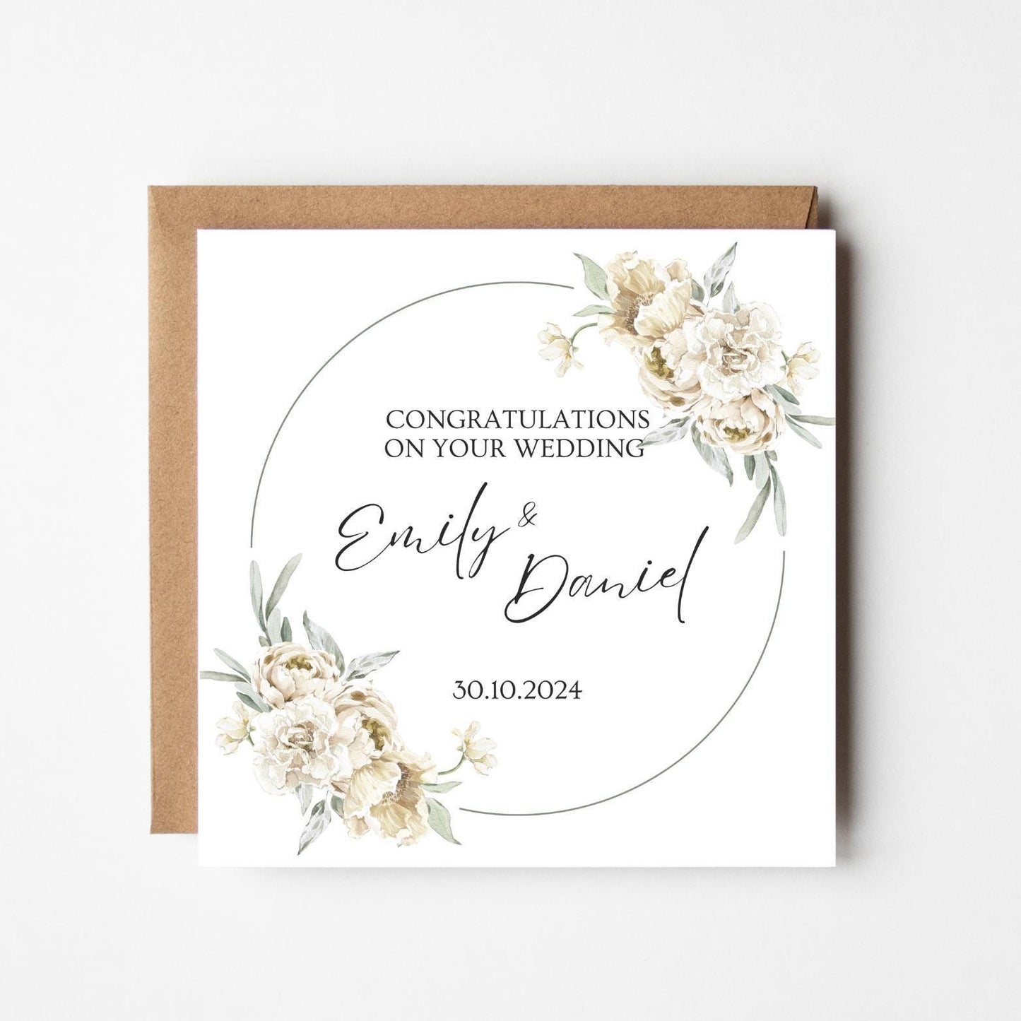 Personalised Wedding Congratulations Card – Custom Names & Date, Elegant Floral Wreath Design, Handmade Wedding Keepsake