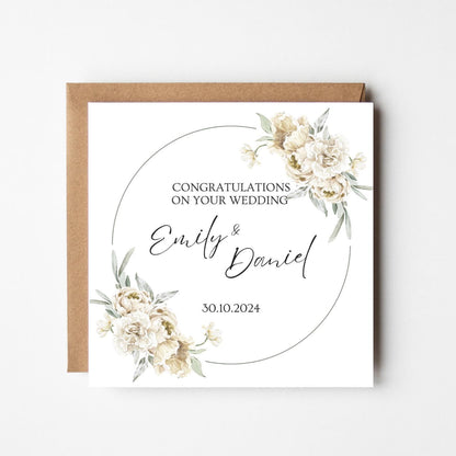 Personalised Wedding Congratulations Card – Custom Names & Date, Elegant Floral Wreath Design, Handmade Wedding Keepsake