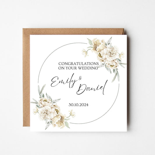 Personalised Wedding Congratulations Card – Custom Names & Date, Elegant Floral Wreath Design, Handmade Wedding Keepsake