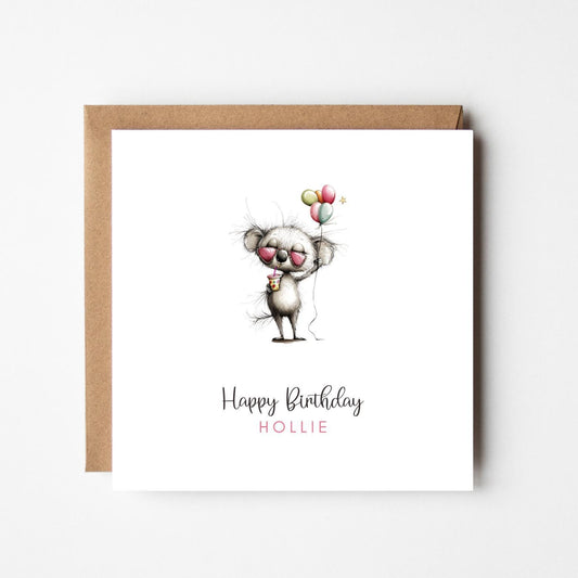 Personalised Happy Birthday Card – Cute Animal with Balloons – Custom Name Birthday Card