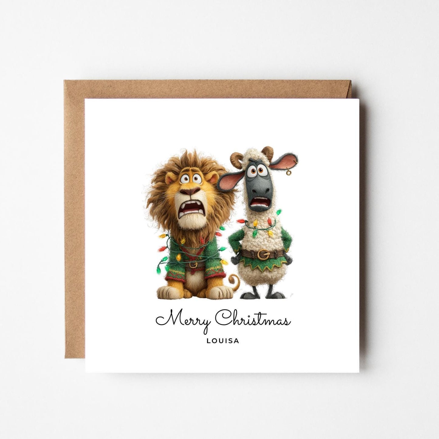 Funny Lion & Sheep Personalised Christmas Card – Custom Name Holiday Greeting – Cute Animal Duo with Christmas Lights