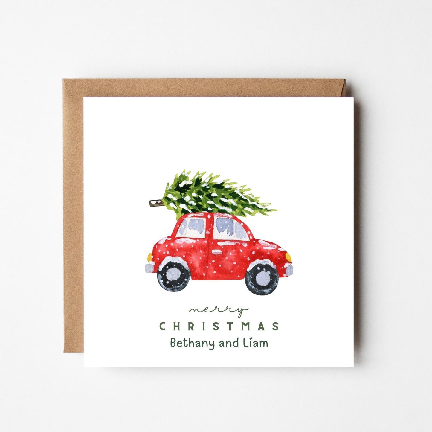 Personalised Christmas Card: Red Car with Tree, Rustic Watercolor Design