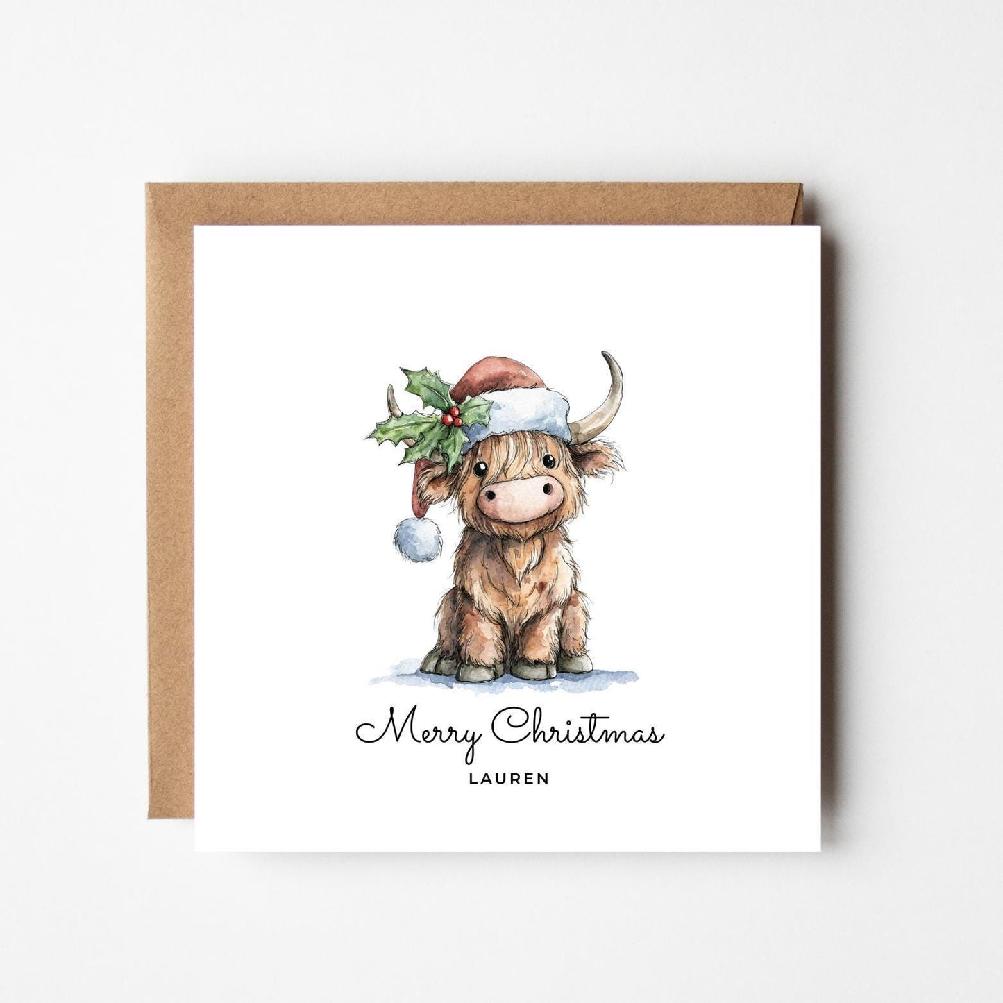 Personalied Highland Cow Christmas Card: Rustic Farm Animal Xmas