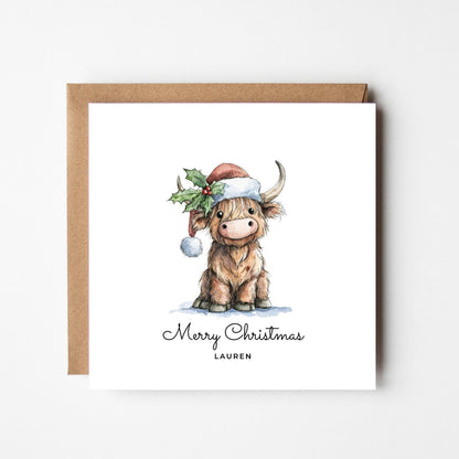 Personalied Highland Cow Christmas Card: Rustic Farm Animal Xmas