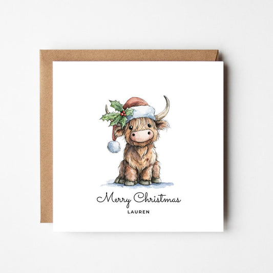 Personalied Highland Cow Christmas Card: Rustic Farm Animal Xmas