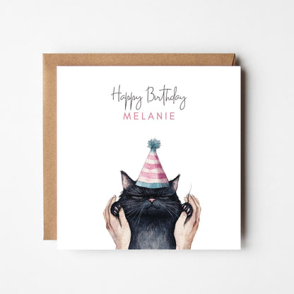 Personalised Happy Birthday Card – Watercolour Black Cat with Party Hat – Custom Name Card