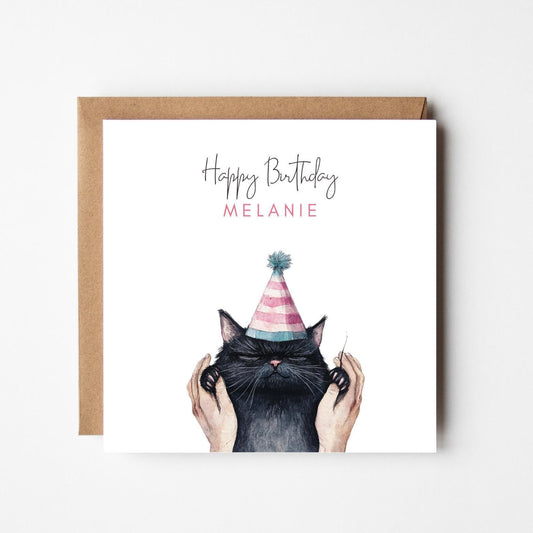Personalised Happy Birthday Card – Watercolour Black Cat with Party Hat – Custom Name Card