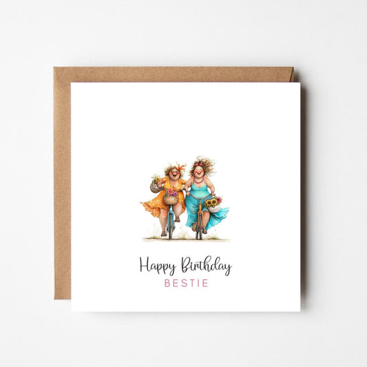 Personalised Birthday Card: Two Friends on Bicycles, Kraft Envelope