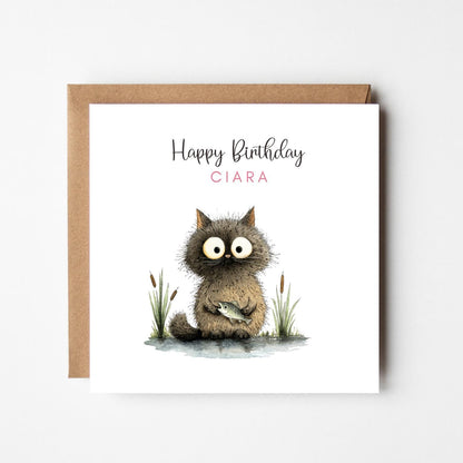 Personalised Fishing Cat Birthday Card – Quirky Cat Lover Greeting