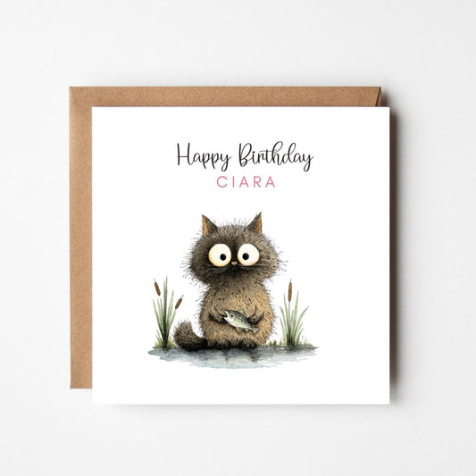 Personalised Fishing Cat Birthday Card – Quirky Cat Lover Greeting