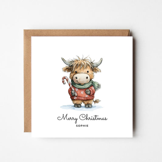 Personalised Highland Cow Christmas Card: Rustic Farm Animal Holiday Card