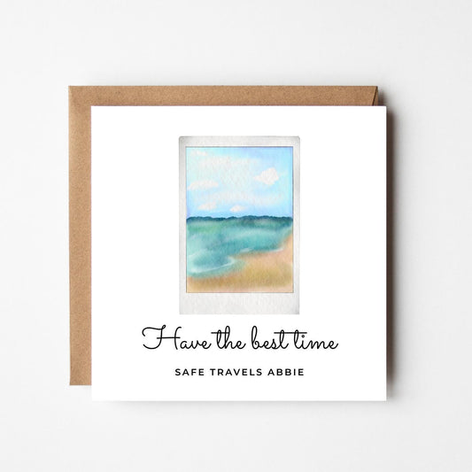 Personalised Bon Voyage Card: Beach Scene, Safe Travels Gift