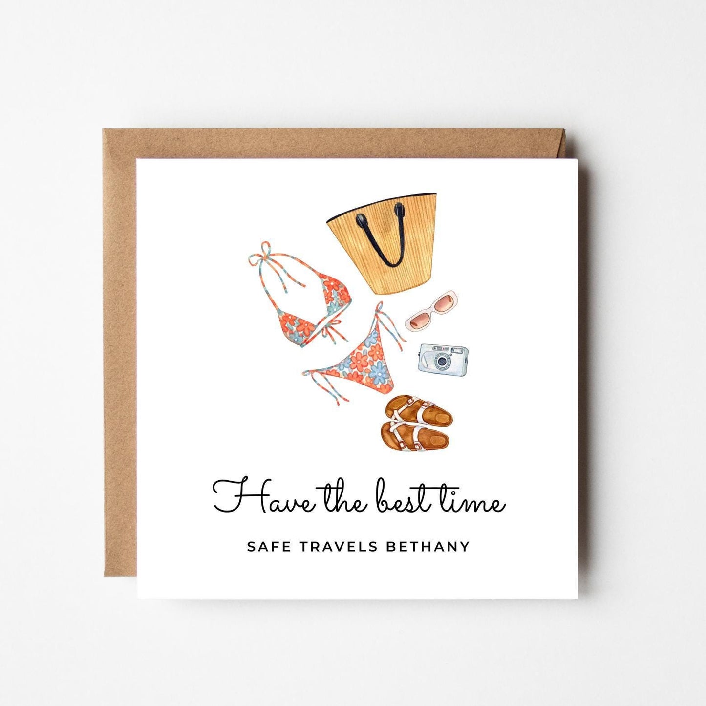 Personalised Bon Voyage Card: Watercolor Beach Design, Safe Travels