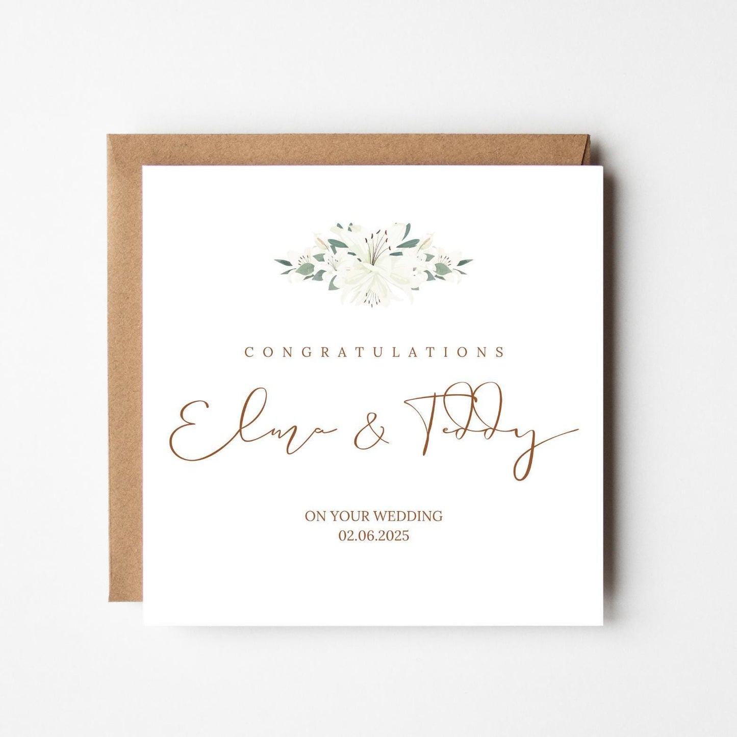 Personalised Wedding Congratulations Card: White Lily Floral, Custom Names