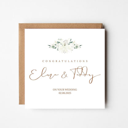 Personalised Wedding Congratulations Card: White Lily Floral, Custom Names