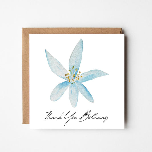 Personalised Thank You Card – Blue Watercolour Flower