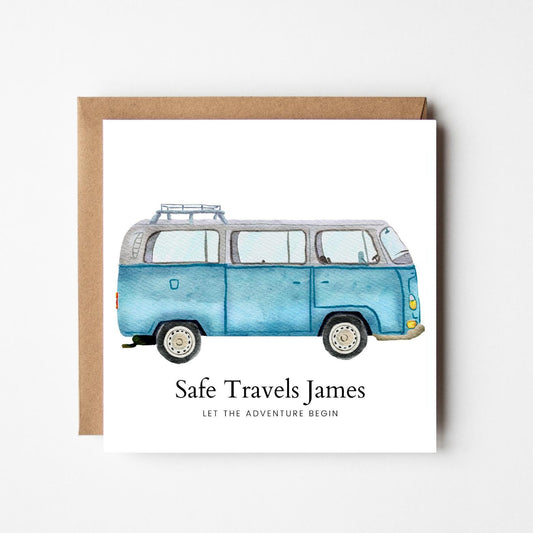 Personalised Bon Voyage Card: Vintage Camper Van, Safe Travels Gift