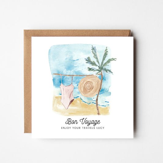 Personalised Bon Voyage Card: Watercolor Beach Travel Farewell