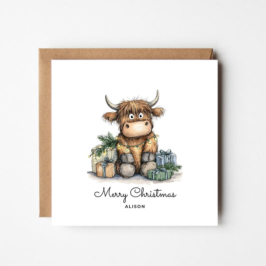 Personalised Highland Cow Christmas Card: Rustic Farm Animal Xmas Card