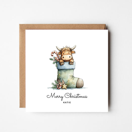 Personalised Highland Cow Christmas Card | Cow in Stocking Xmas Card | Cute Farm Animal Holiday Card | Custom Name Country Christmas