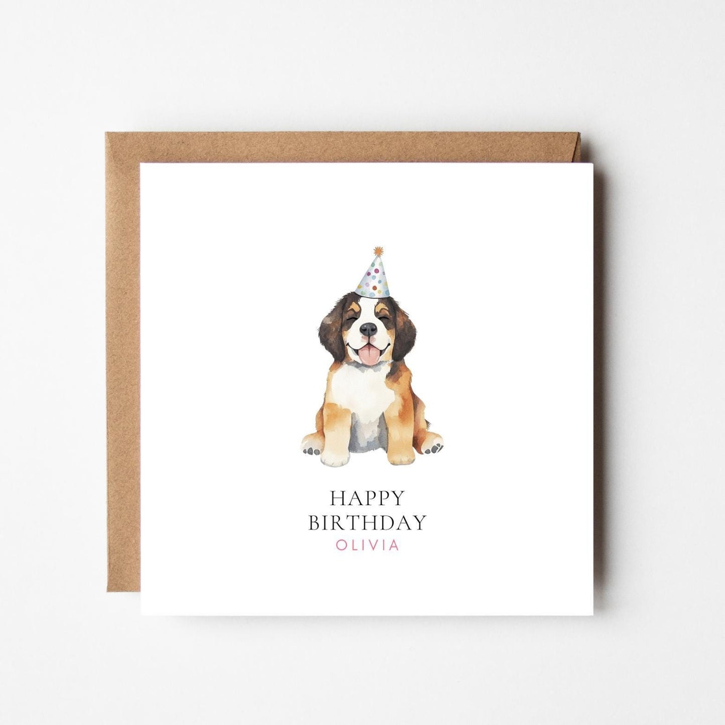 Personalised St Bernard Birthday Card: Watercolour Dog with Party Hat