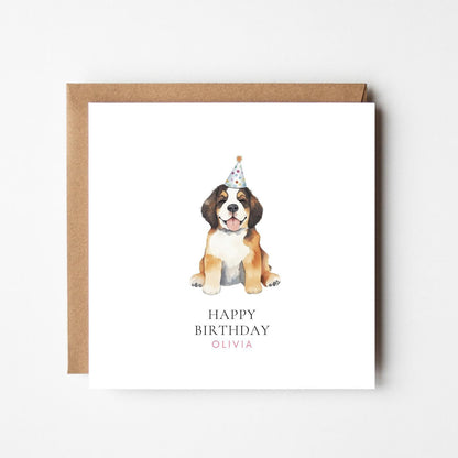 Personalised St Bernard Birthday Card: Watercolour Dog with Party Hat