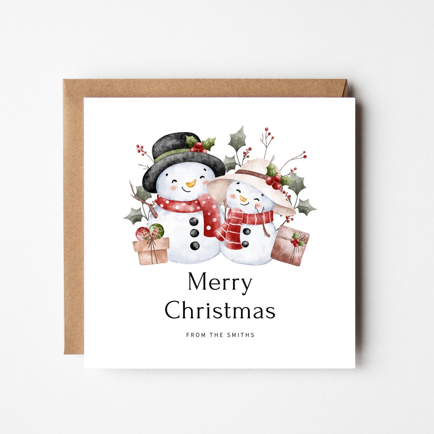Personalised Watercolor Snowman Couple Christmas Card: Rustic Holiday Greeting