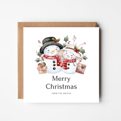 Personalised Watercolor Snowman Couple Christmas Card: Rustic Holiday Greeting