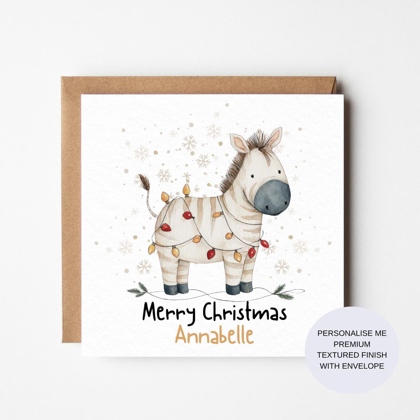 Personalised Zebra Christmas Card: Watercolor Animal, Kids Christmas