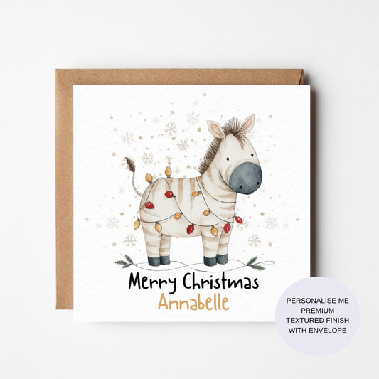 Personalised Zebra Christmas Card: Watercolor Animal, Kids Christmas