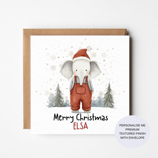 Personalised Elephant Christmas Card | Watercolour Childrens Card | Kids, Baby, Girl, Boy, Toddler, Daughter, Son, 1st Christmas