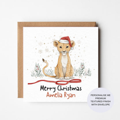 Personalized Lion Cub Christmas Card: Watercolor Safari Animal